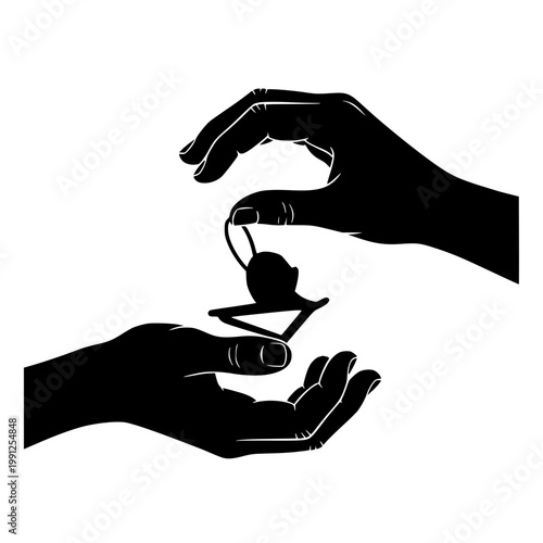 Silhouette of Hand Giving a Small Snail Shell to Another Hand