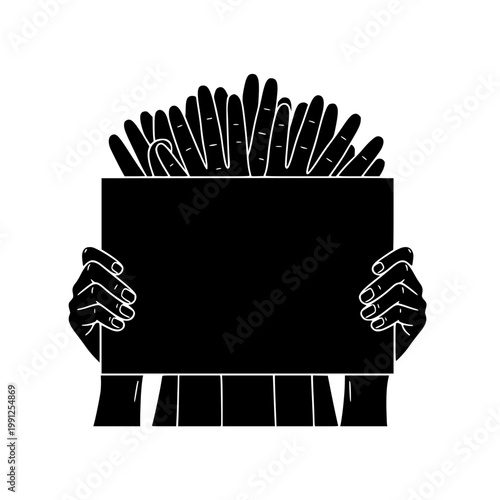 Silhouette of many hands holding a blank black sign for protest and message