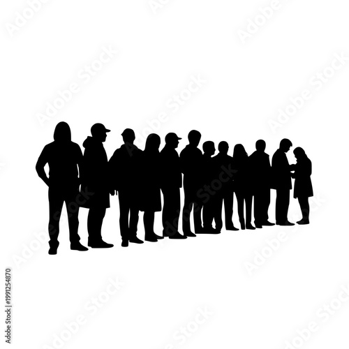 Silhouette of People Standing in Line on White Background