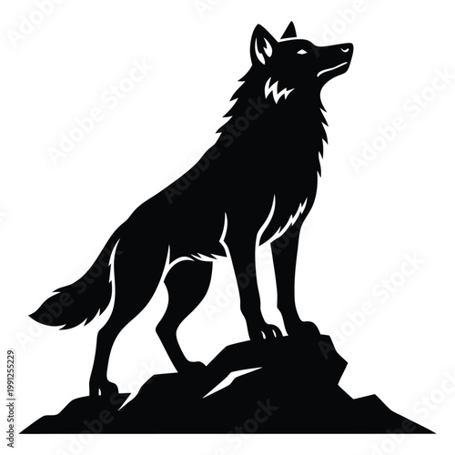 Alpha wolf silhouette standing on a rocky outcrop, vector, wolf vector, illustration, wolf silhouette