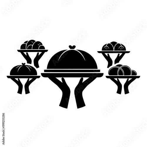 Catering Service Silhouette Icon with Hands Holding Trays and Food