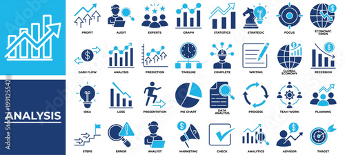 Analysis icon set collection. Containing statistics, analyze, loss, profit, consultant, planning, survey .Solid vector icons collection