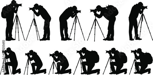 Vector Silhouette Collection of Professional Photographers Using Tripods and Cameras in Standing and Kneeling Positions for Media Content and Commercial Design