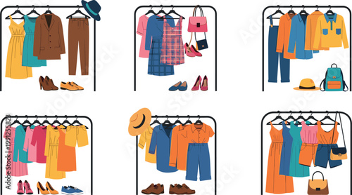 Clothing racks collection with stylish outfits shoes and accessories modern fashion store display vector illustration isolated on white background
