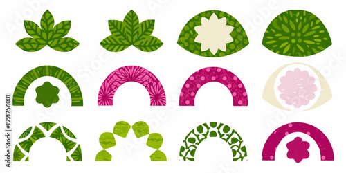 Colorful abstract shapes resembling leaves and fruit segments arranged in rows