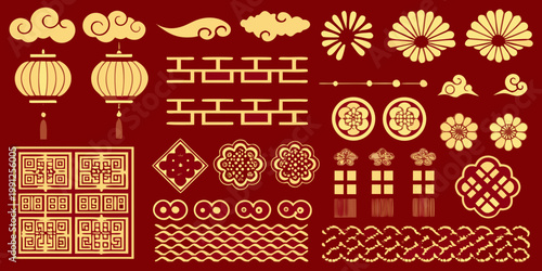 Traditional chinese patterns and decorative elements in golden hues