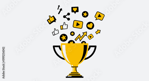 Golden trophy cup with social media icons representing digital marketing success and viral content achievement.