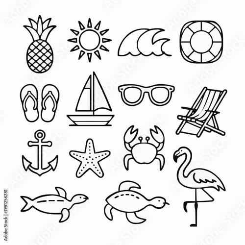 Summer Vacation and Tropical Beach Life Linear Icon Set
