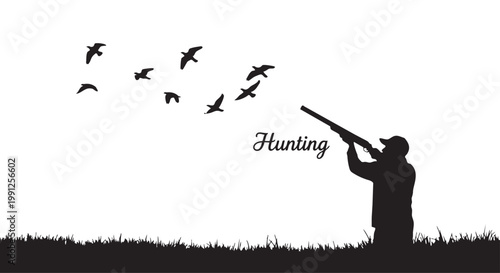 Cuadro en lienzo Vector illustration of a man hunting birds with a shotgun in a field