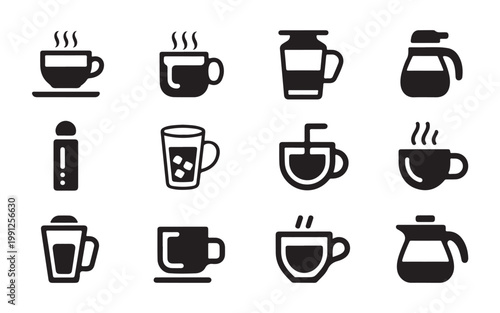 Variety of coffee related icons including cups, pots and glass with steam.