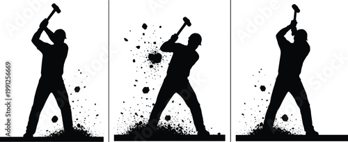 Vector Silhouette Illustration Featuring Construction Workers Using Sledgehammers For Demolition Breaking Ground Crushing Rocks And Manual Labor In Industrial Building Projects