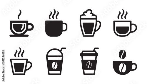 Set of eight coffee related icons including cups, mugs, and a take away cup with steam.