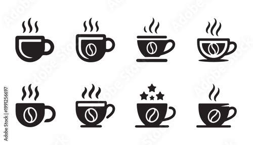 Set of eight coffee cup icons with steam and coffee bean illustrations in a graphic style.
