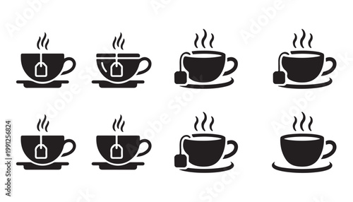 Assorted tea cup icons showing tea bag labels and steaming water for healthy beverage menu.