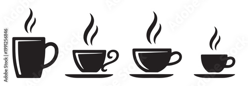 Set of black silhouette hot tea cups of various sizes and styles on white background.