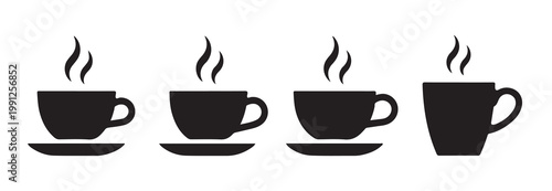 Set of different sized black silhouette hot tea cups with steam on white background.