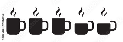 Set of different sized black silhouette mugs with steam on white background.