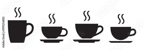 Set of four steaming coffee cups and mugs for hot beverages on white background vector silhouette.