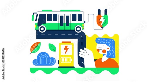 Animation of Electric Bus Transportation Illustration Featuring an Electric City Bus Charging at a Power Station