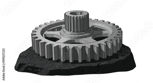 A pristine metallic industrial gear with a central splined shaft rests firmly upon a dark jagged piece of volcanic rock or rough asphalt surface.