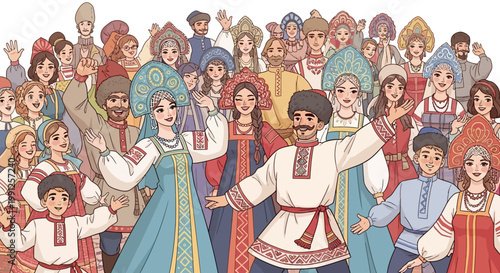 Diverse Russian People in Traditional Folk Costumes Celebrating