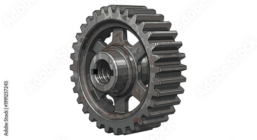 A single large metallic industrial gear features significant signs of brown rust and weathered wear across its teeth and central hub against a white background.