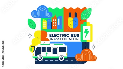 Animation of Electric Bus Transportation Illustration Featuring an Electric City Bus Charging at a Power Station