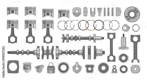 A detailed assortment of internal combustion engine components including pistons, connecting rods, and crankshafts is displayed in a flat-lay arrangement on a white background.