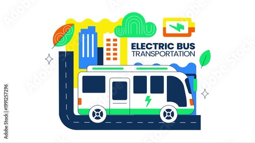 Animation of Electric Bus Transportation Illustration Featuring an Electric City Bus Charging at a Power Station