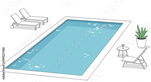 A spacious rectangular swimming pool with shimmering turquoise water is surrounded by sleek white lounge chairs and a small side table holding a refreshing green cocktail.