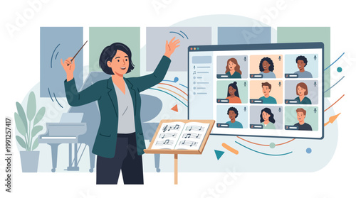 Woman Video Conferencing with Multiple Participants on Computer Screen.