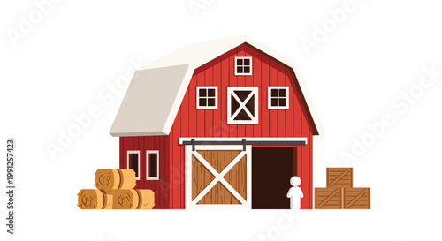 A traditional red wooden barn with a white gambrel roof stands prominently beside stacked golden hay bales and rustic brown crates on a clean white background.