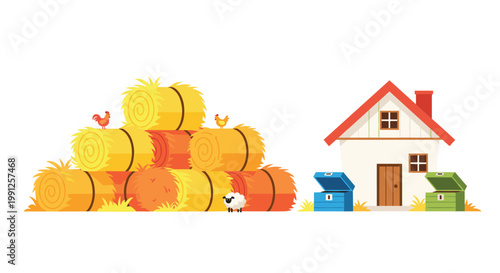Charming flat farm illustration featuring a massive stack of golden hay bales populated by chickens and a sheep beside a cozy white farmhouse.