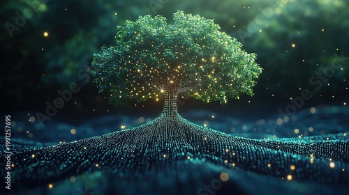 A tree composed of binary code and pixel fragments growing from a ground of luminous data streams—a minimalist yet richly detailed futuristic digital ecosystem that blends nature and technology.