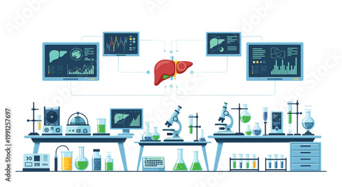 Meticulous medical laboratory illustration featuring a central liver diagram connected to digital monitors and various chemical glassware on clean blue workbenches.