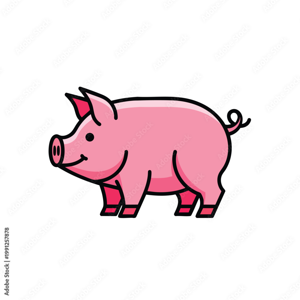 Fototapeta premium Cute cartoon pink pig illustration standing on white background.