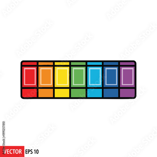 Rainbow colored pill organizer box with seven compartments for weekly medication.