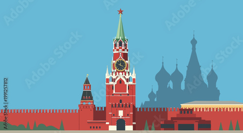 Canvas Print Moscow Kremlin Spasskaya Tower and Red Square Silhouette, Flat Design