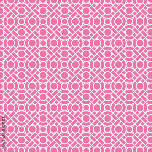 The background features tiles arranged in an eye-like pattern, composed of circles and squares with pink lines around them.