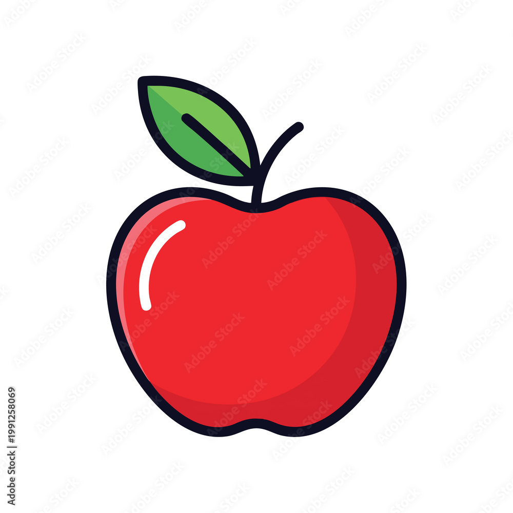 Fototapeta premium A vibrant red apple icon with a single green leaf isolated on white background.