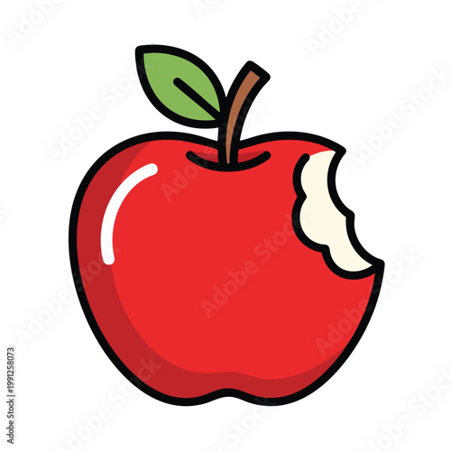 A vibrant cartoon illustration of a red apple with a bite taken out.