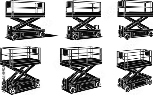 Vector Silhouette Illustration Featuring Scissor Lift Set In Various Angles For Construction Maintenance Industrial Work Aerial Platform And Warehouse Heavy Equipment Projects