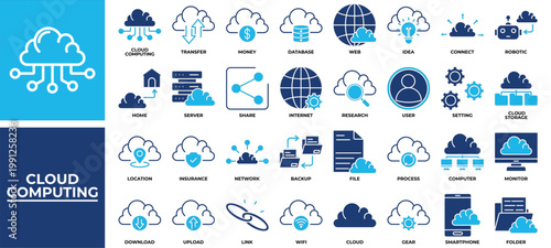 Cloud Computing icon set collection. Containing link, share, think, transfer, database, server, computing .Solid vector icons collection