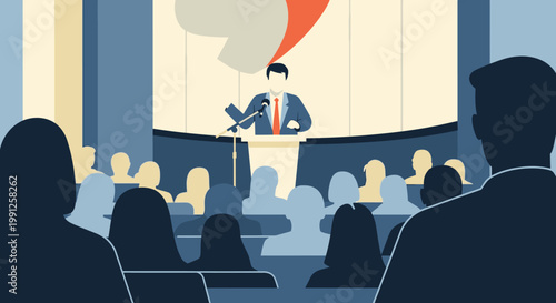 Politician Speaking at Podium to Audience, Public Speech, Political Rally, Presentation
