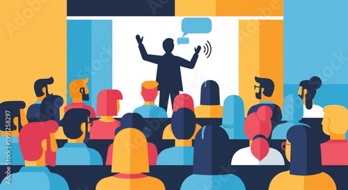 Public Speaking Presentation: Speaker Addressing Audience, Business Conference, Communication