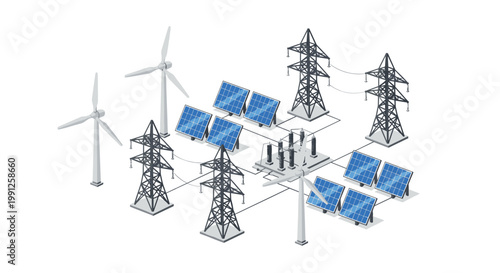 A meticulous isometric illustration showcases a comprehensive renewable energy power grid including spinning wind turbines and blue solar panels under bright light.