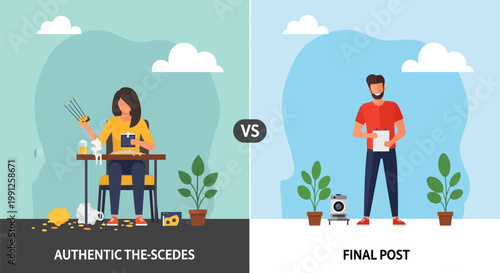 Comparison between messy reality behind the scenes and perfect social media final post illustration.