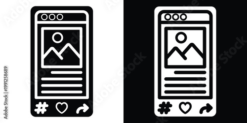 Social Media Post Icon. Mobile App Interface With Image, Text, Photo, Content, Feed, Hashtag, Like, Comment and Share Interface in Black and White