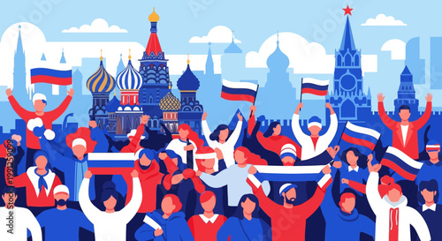Quadro su tela Russian Flag Crowd Celebration Moscow Kremlin Celebration Red Square