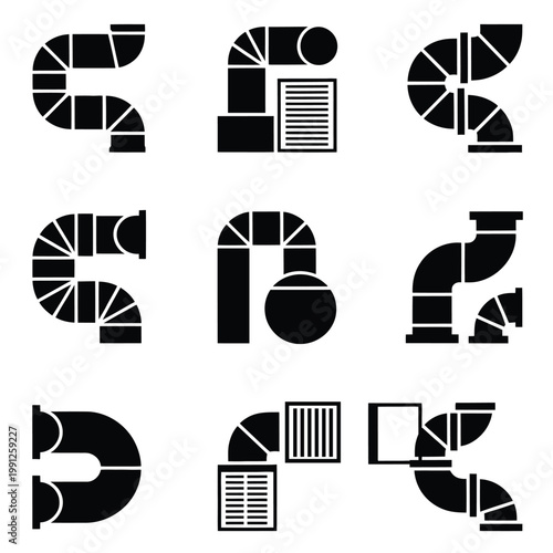 A set of nine black and white icons depicting various pipe and ductwork configurations
